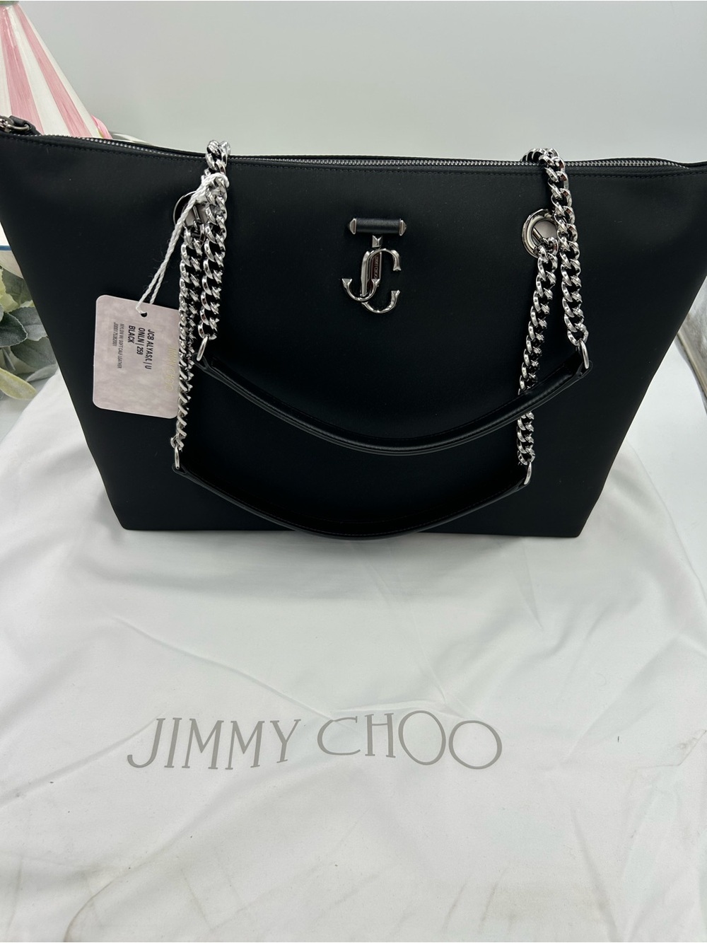 Women's Jimmy Choo Black Tote Bag with Silver Chain Handles and iconic logo